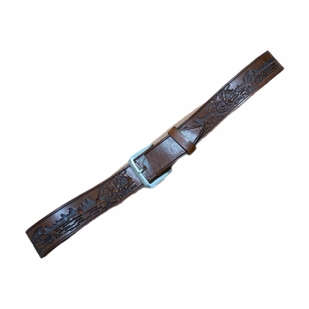 Leather Belt Mens 32 Brown Embossed Fishing Scene Western Outdoor Casual Buckle